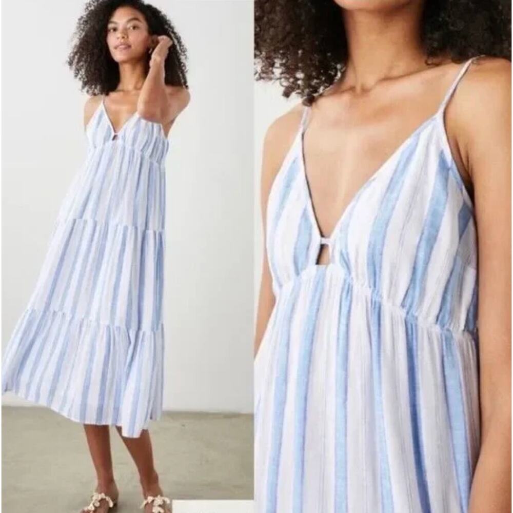 Rails Avril Tiered Midi Dress Gibson Stripe Size XL Blue White Linen Sundress
